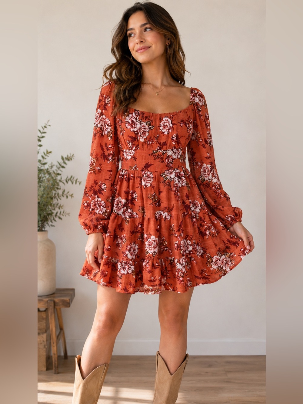 Emerald Sundae Rust Floral Square-Neck Mini Fall Dress